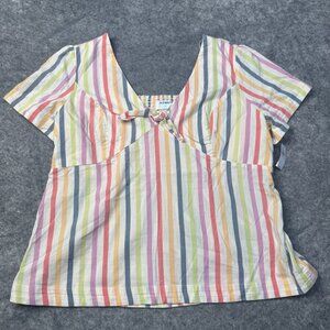 Old Navy Top Womens XXL Rainbow Striped V Neck Bow Smocked Babydoll Summer NEW